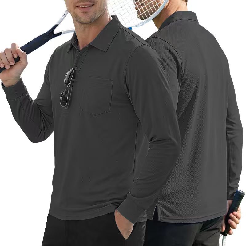 AZUKI Men's Long-Sleeve Birdseye Pocket Polo