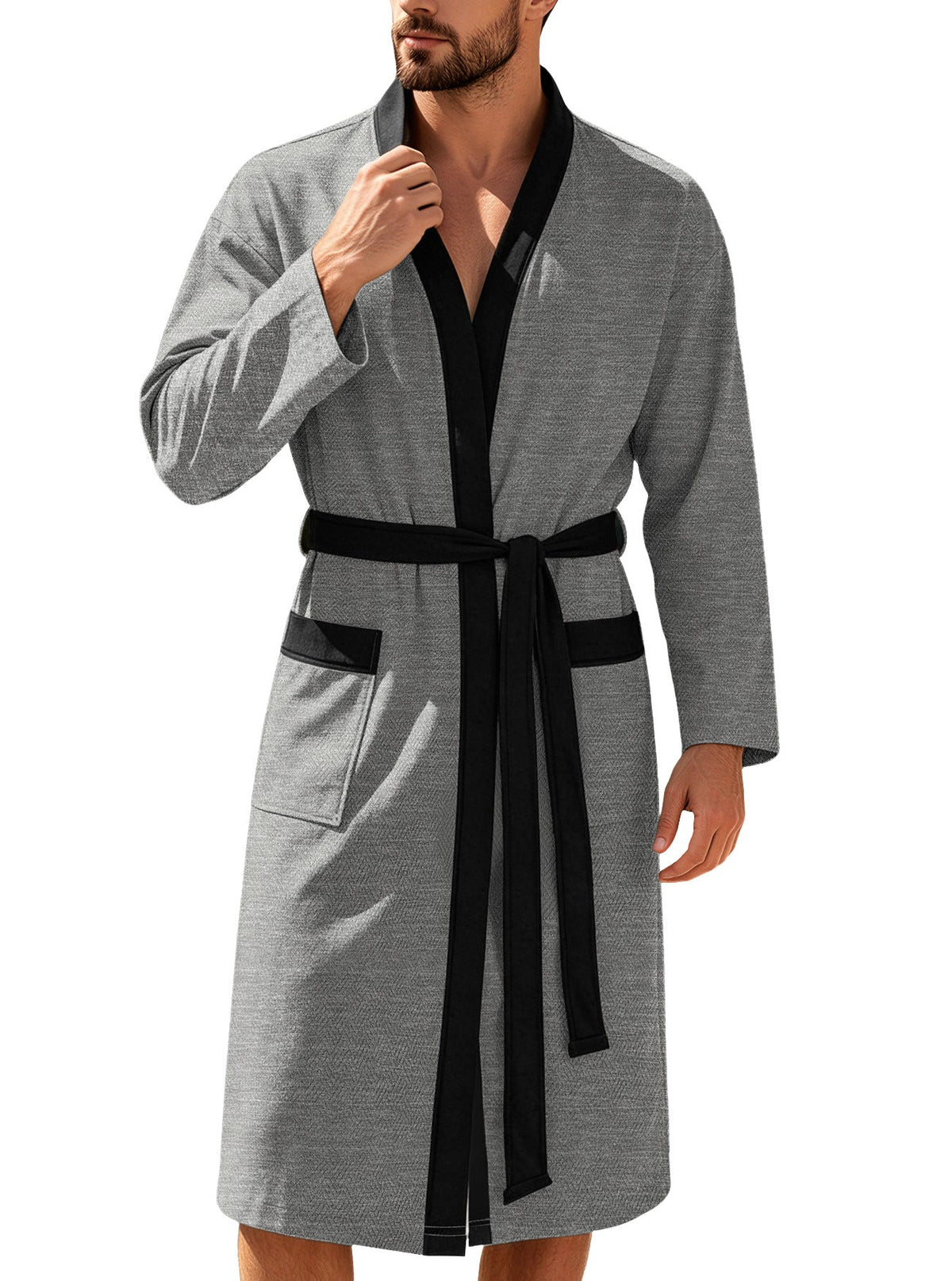 AZUKI Men's Textured Terry Bathrobe with Belt and Pockets