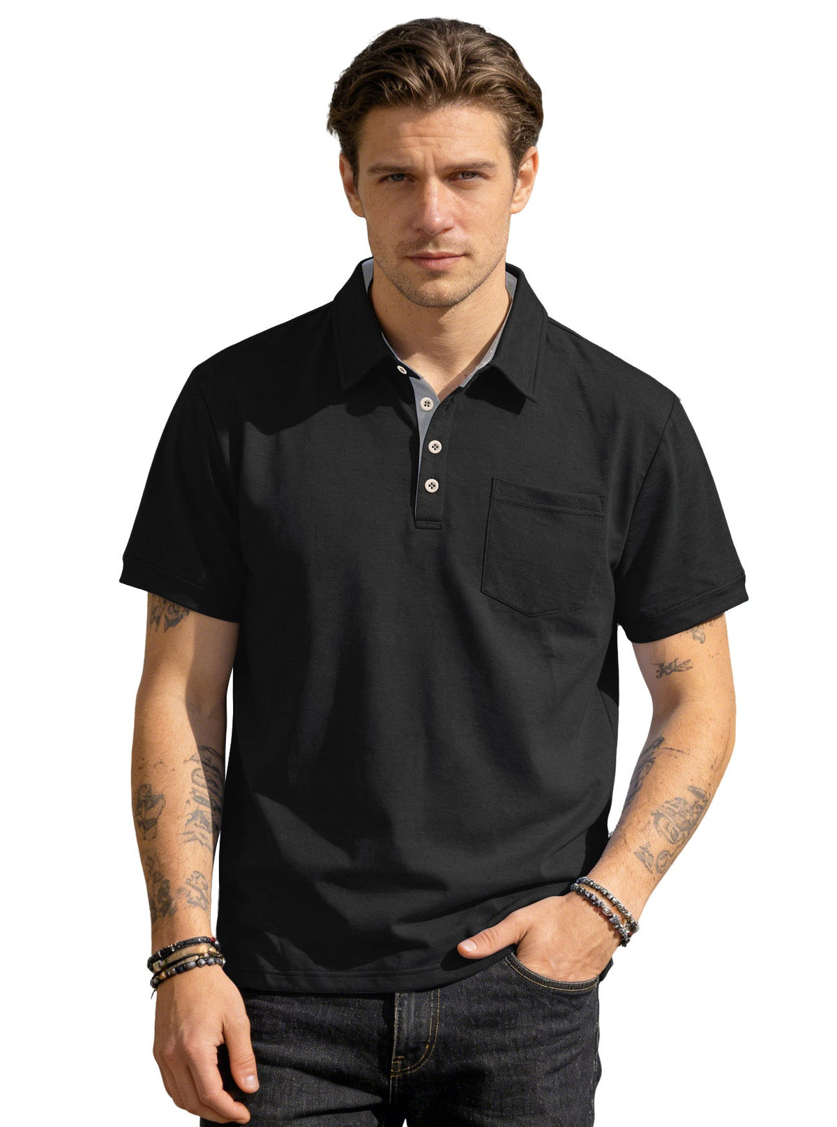 AZUKI Men's Cotton-Blend Four-Button Pocket Polo
