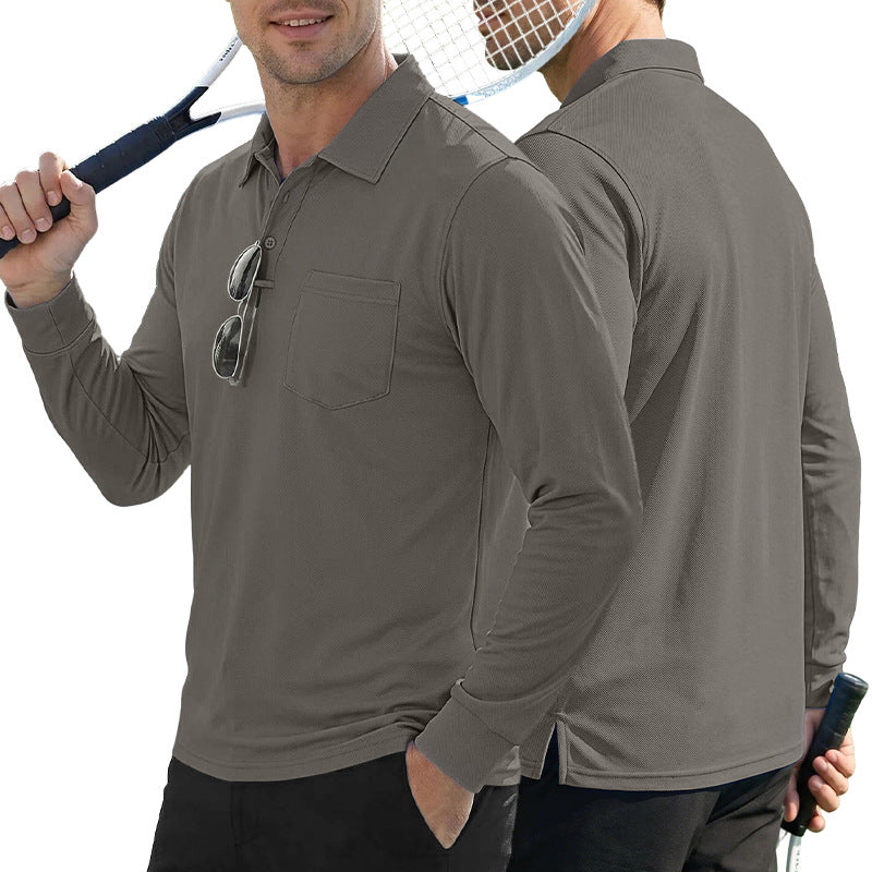 AZUKI Men's Long-Sleeve Birdseye Pocket Polo