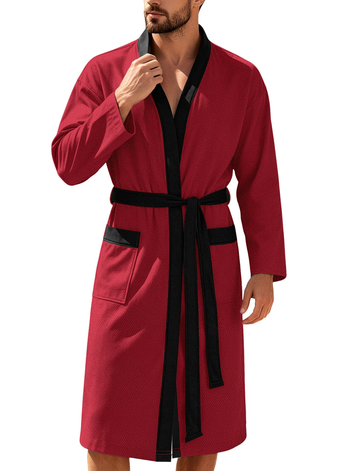 AZUKI Men's Textured Terry Bathrobe with Belt and Pockets
