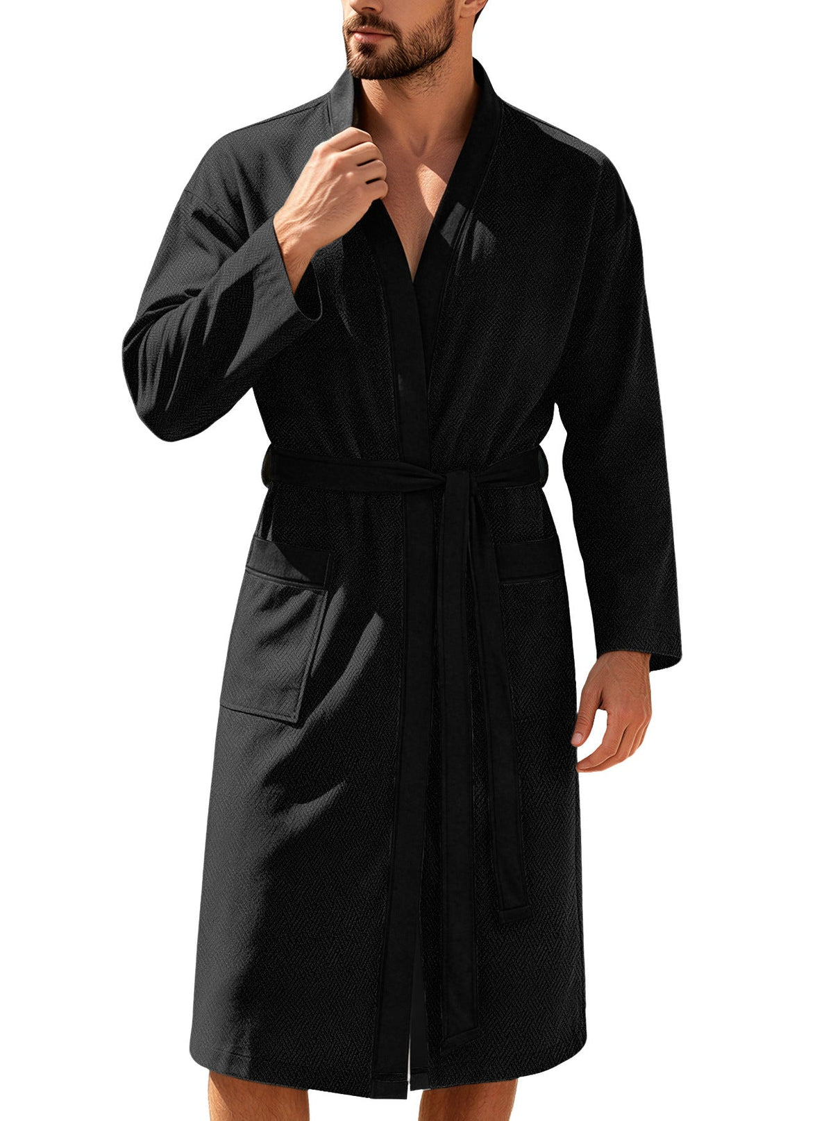 AZUKI Men's Textured Terry Bathrobe with Belt and Pockets