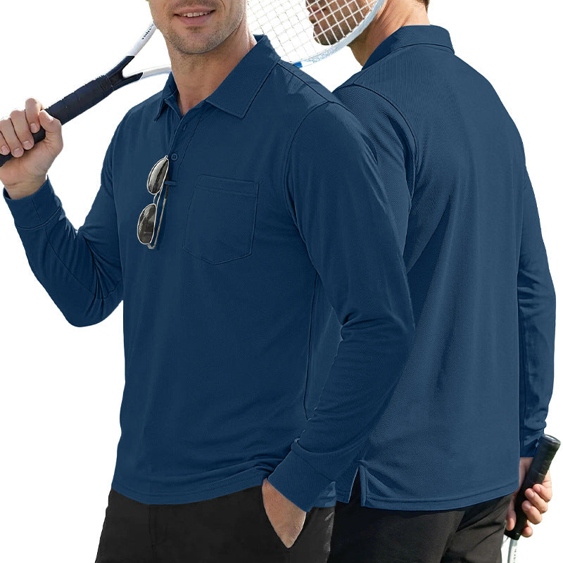 AZUKI Men's Long-Sleeve Birdseye Pocket Polo