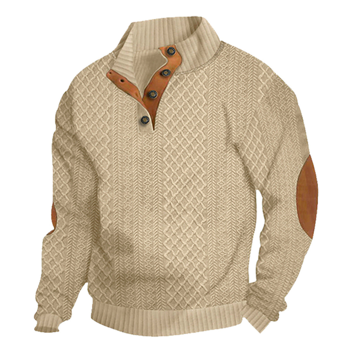 AZUKI Men's Four-Button Jacquard Pullover with Elbow Patches