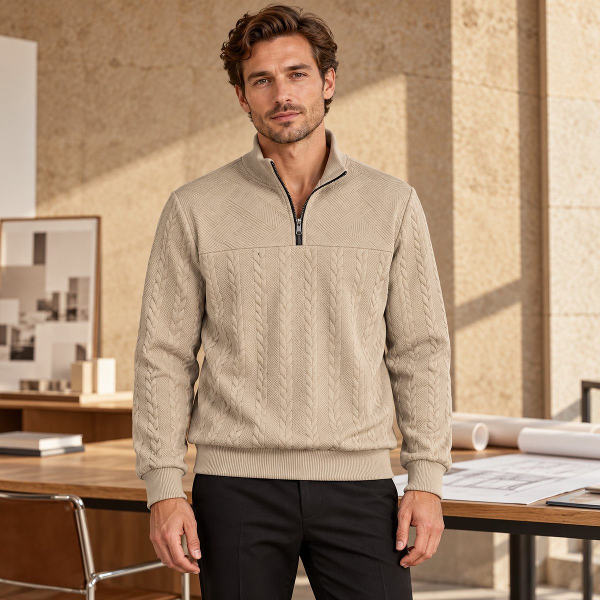 AZUKI Men's Quarter-Zip Jacquard Pullover