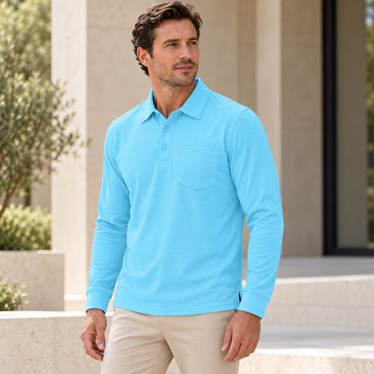 AZUKI Men's Long-Sleeve Birdseye Pocket Polo