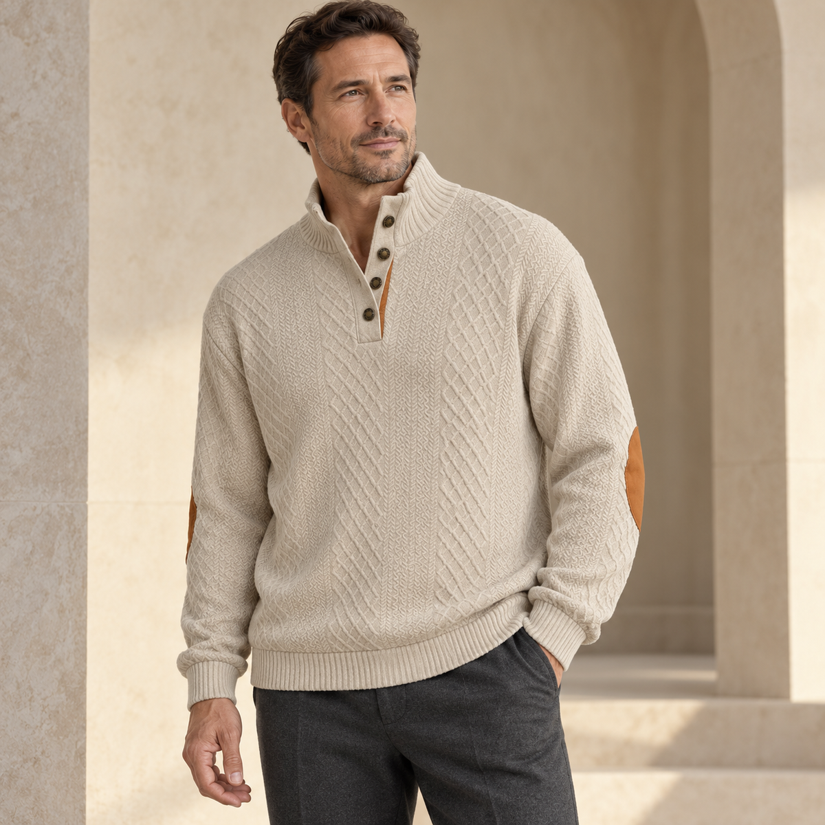 AZUKI Men's Four-Button Jacquard Pullover with Elbow Patches