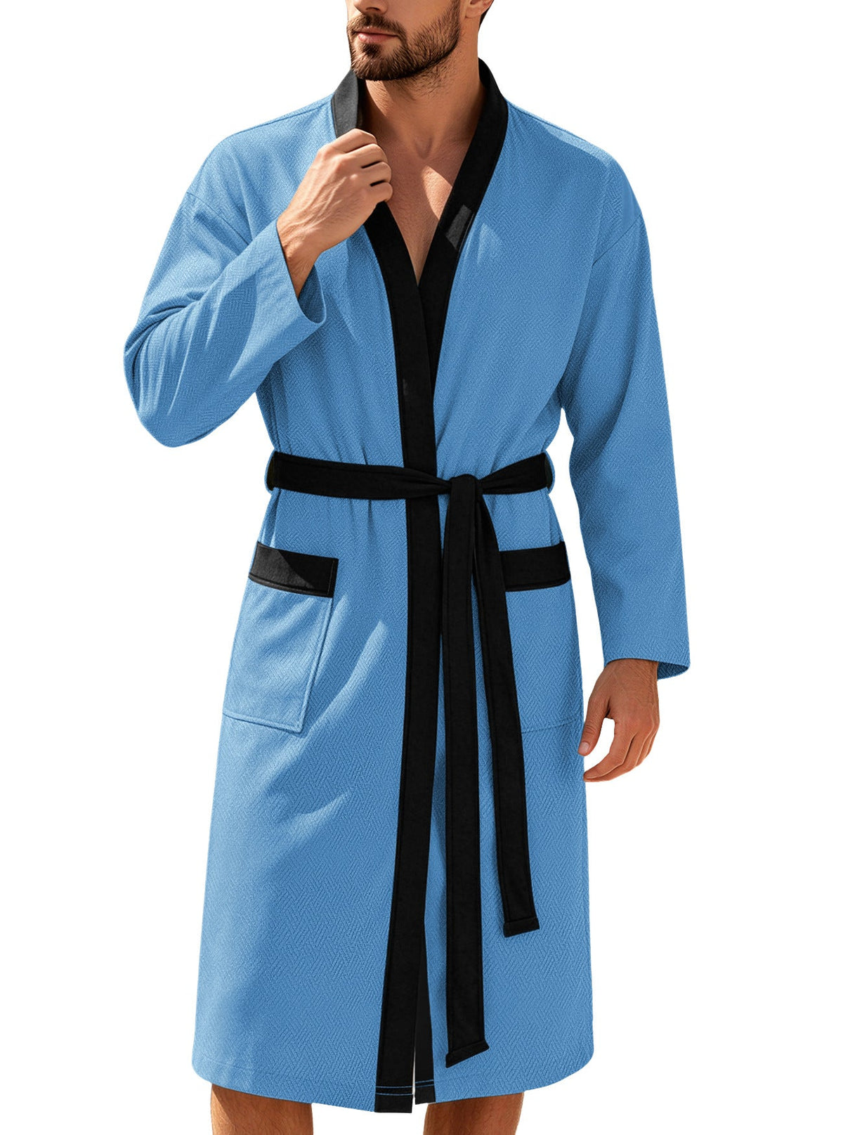 AZUKI Men's Textured Terry Bathrobe with Belt and Pockets