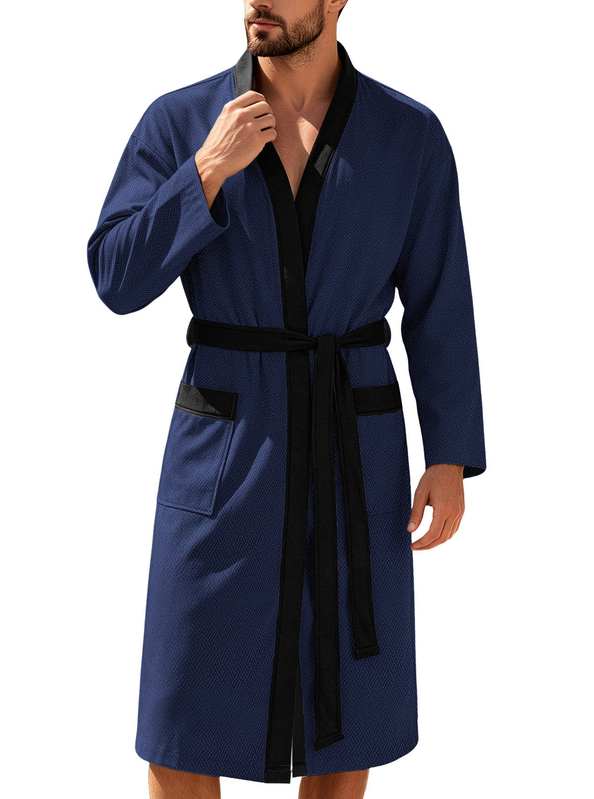 AZUKI Men's Textured Terry Bathrobe with Belt and Pockets