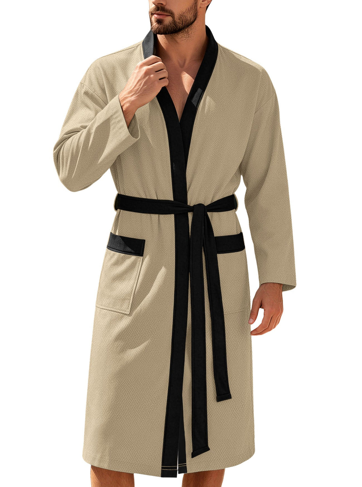 AZUKI Men's Textured Terry Bathrobe with Belt and Pockets