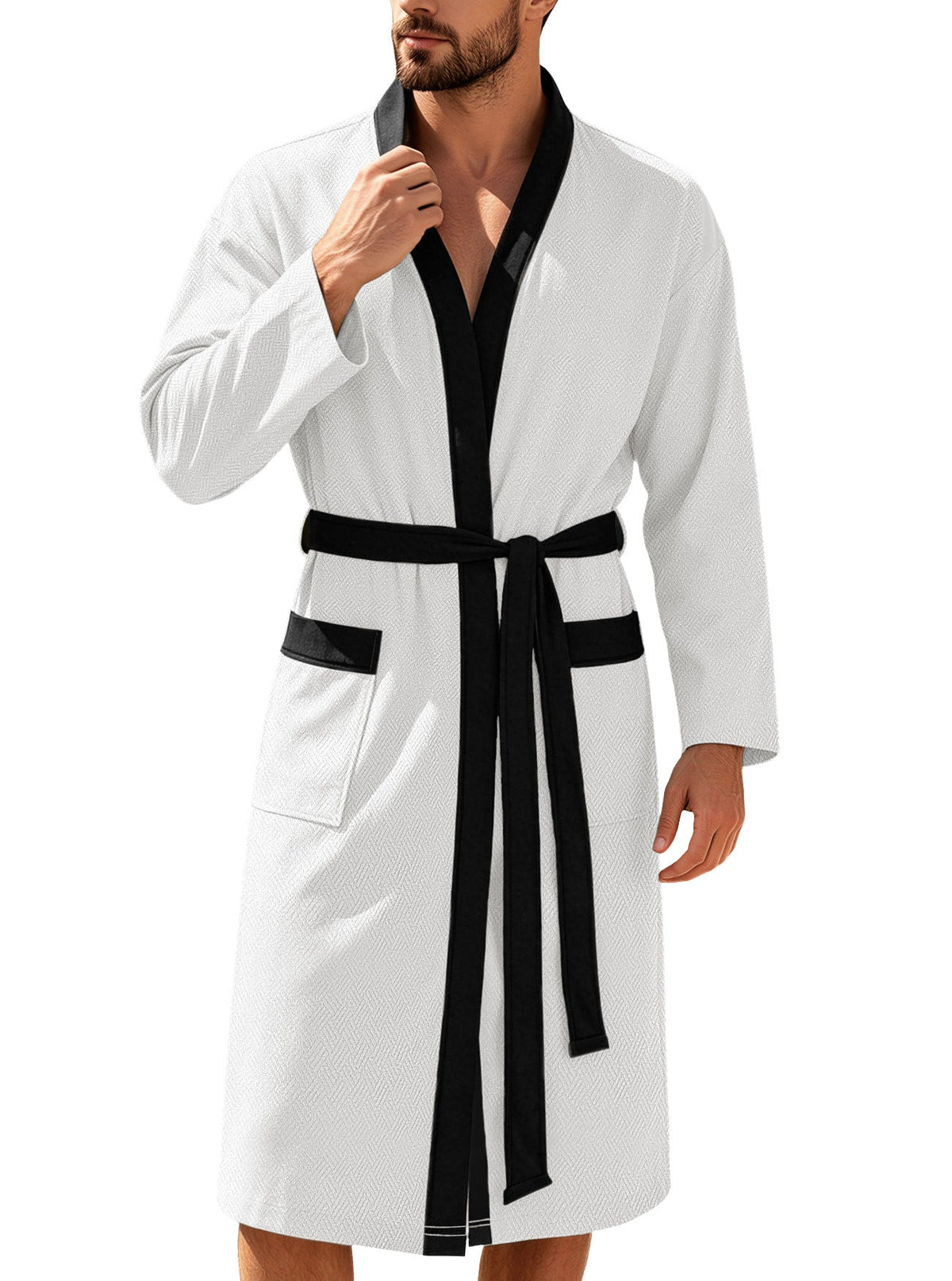 AZUKI Men's Textured Terry Bathrobe with Belt and Pockets