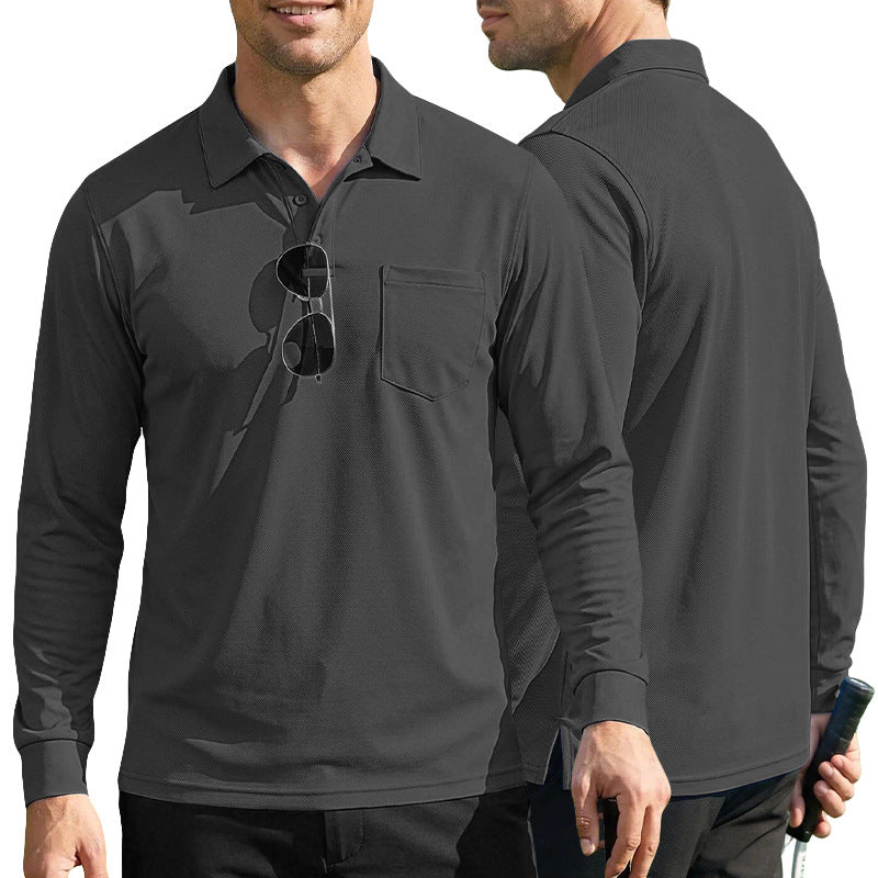 AZUKI Men's Long Sleeve Birdseye Pocket Polo