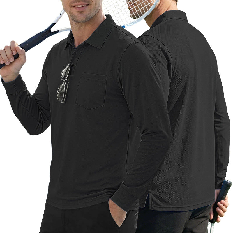 AZUKI Men's Long-Sleeve Birdseye Pocket Polo
