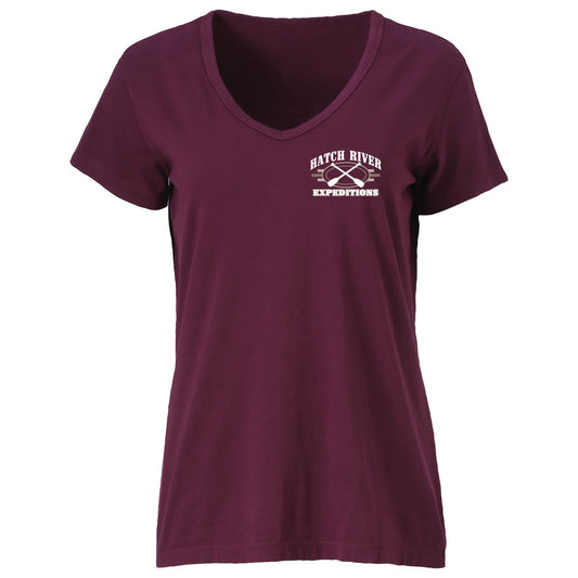 Women's Short Sleeve Vital V-Neck Tee w/Colorado River map - Velvet (maroon)