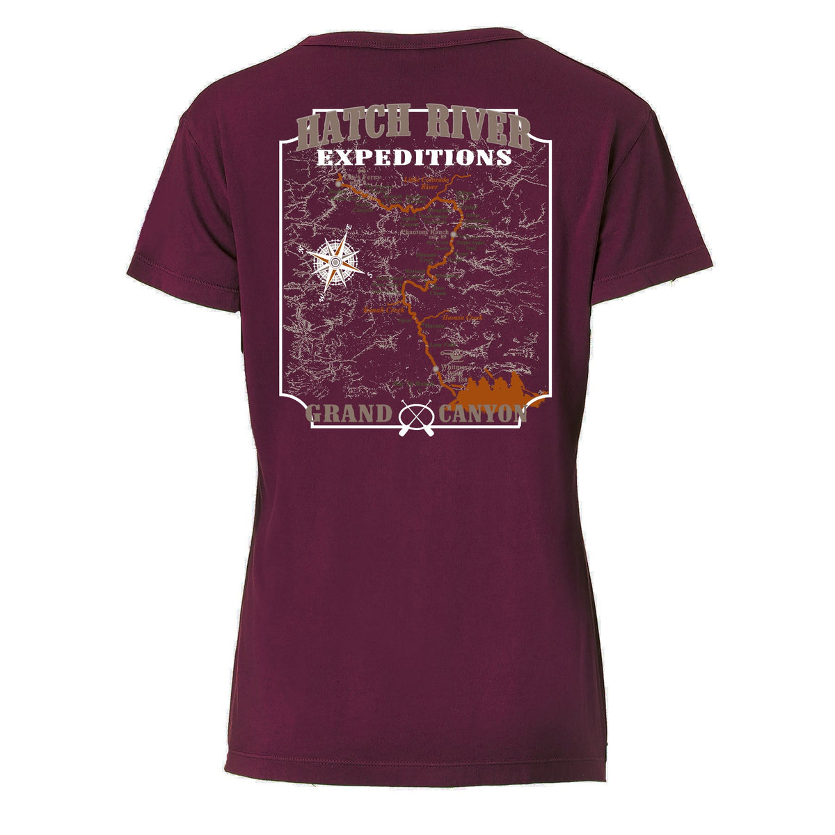 Women's Short Sleeve Vital V-Neck Tee w/Colorado River map - Velvet (maroon)