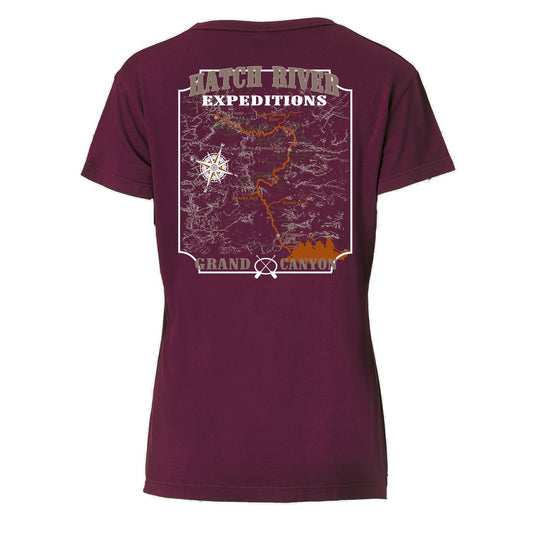 Women's Short Sleeve Vital V-Neck Tee w/Colorado River map - Velvet (maroon)
