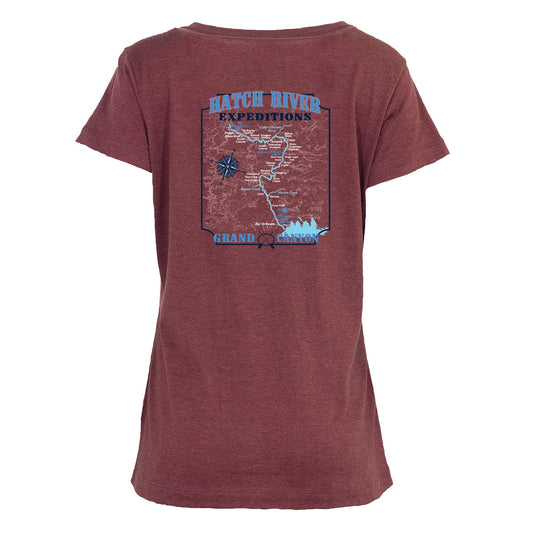 Women's Short Sleeve Essential Deep V Map Tee w/Colorado River map - Maroon Heather