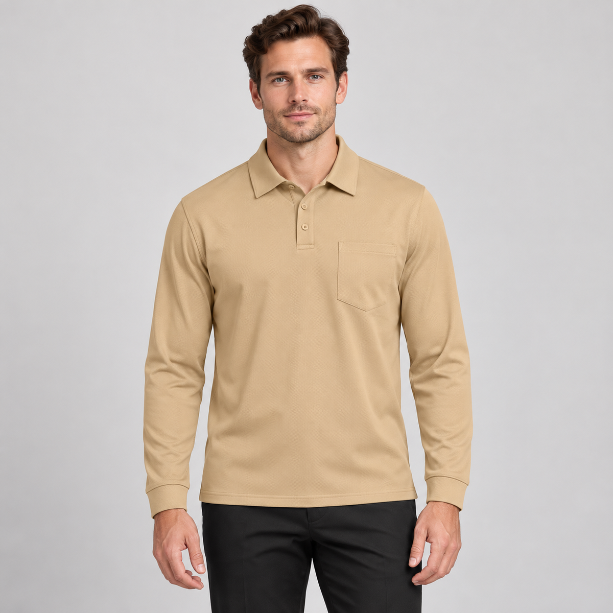 AZUKI Men's Long Sleeve Birdseye Pocket Polo