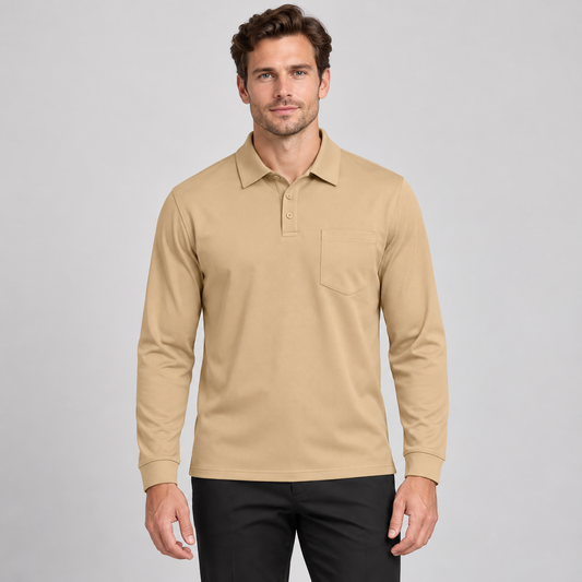 AZUKI Men's Long Sleeve Birdseye Pocket Polo