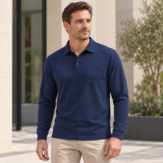 AZUKI Men's Long Sleeve Birdseye Pocket Polo