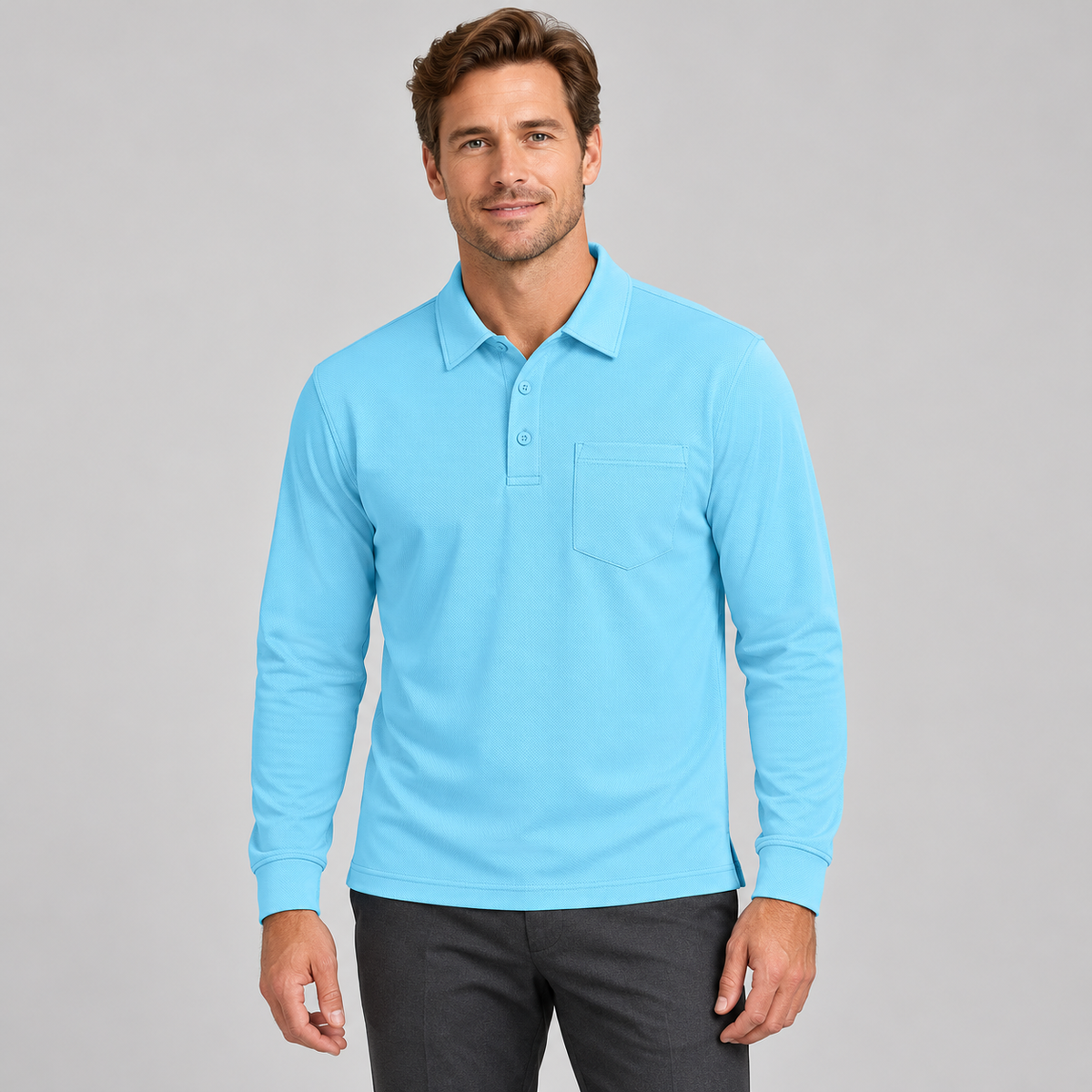 AZUKI Men's Long-Sleeve Birdseye Pocket Polo
