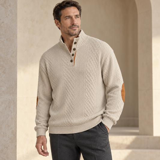 AZUKI Men's Four-Button Jacquard Pullover with Elbow Patches