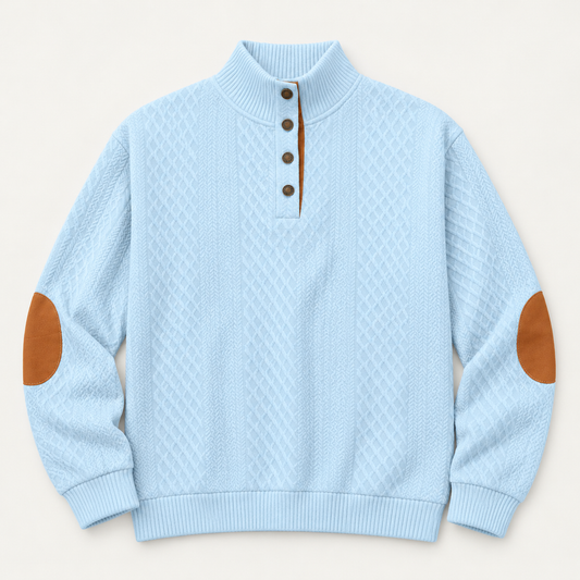 AZUKI Men's Four-Button Jacquard Pullover with Elbow Patches
