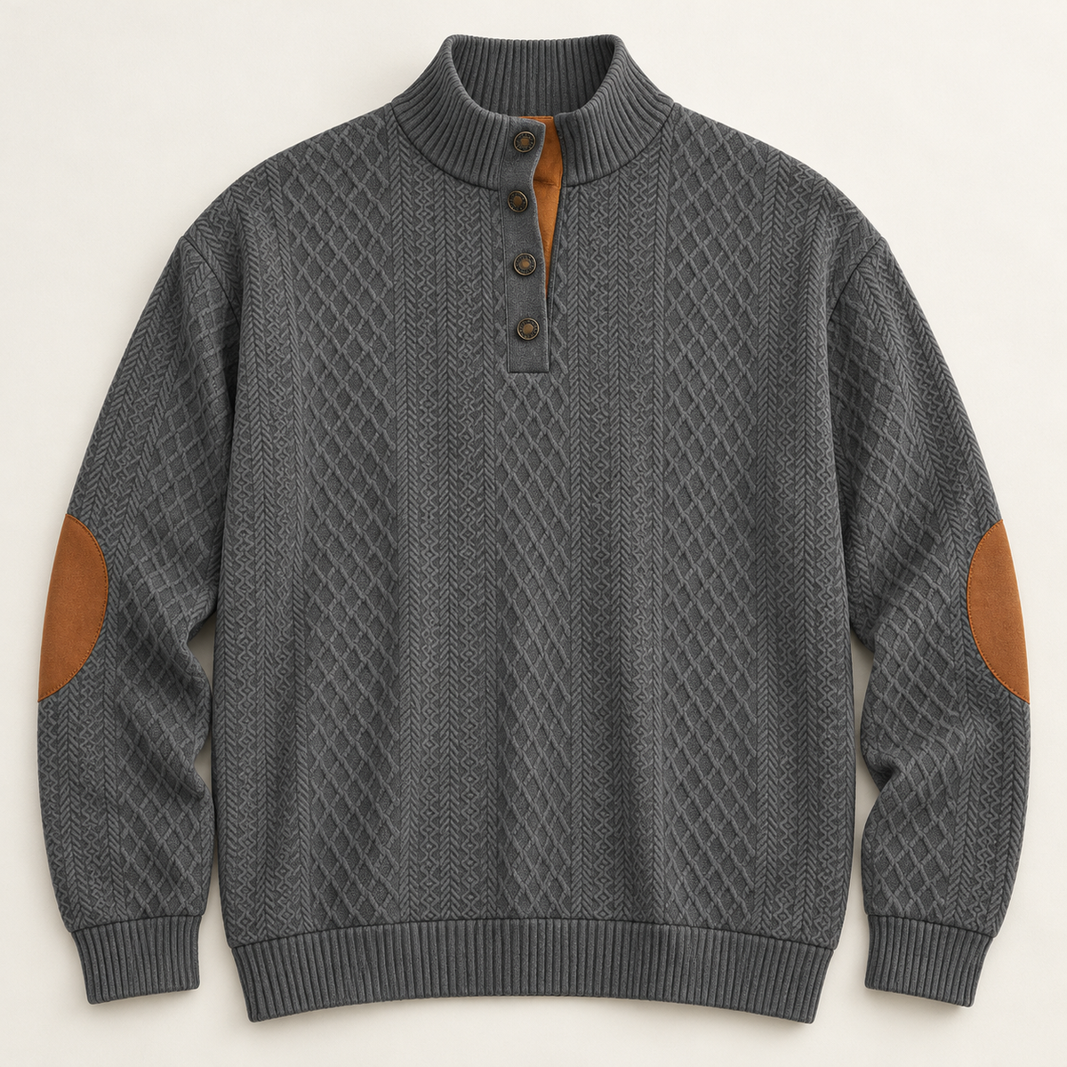 AZUKI Men's Four-Button Jacquard Pullover with Elbow Patches