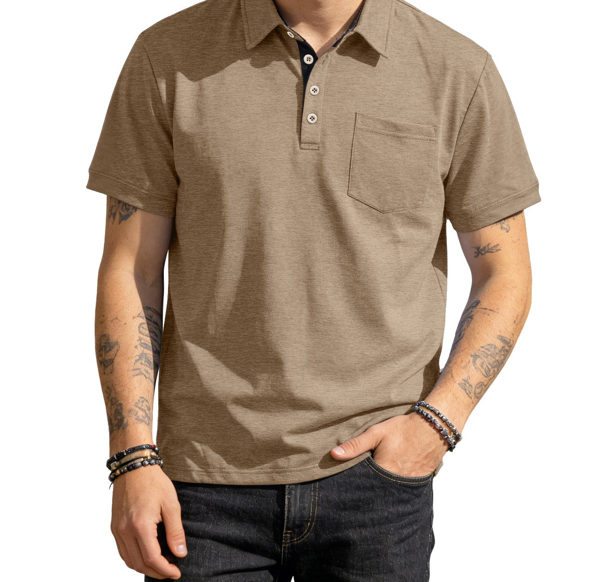 AZUKI Men's Short-Sleeve Cotton-Blend Pocket Polo