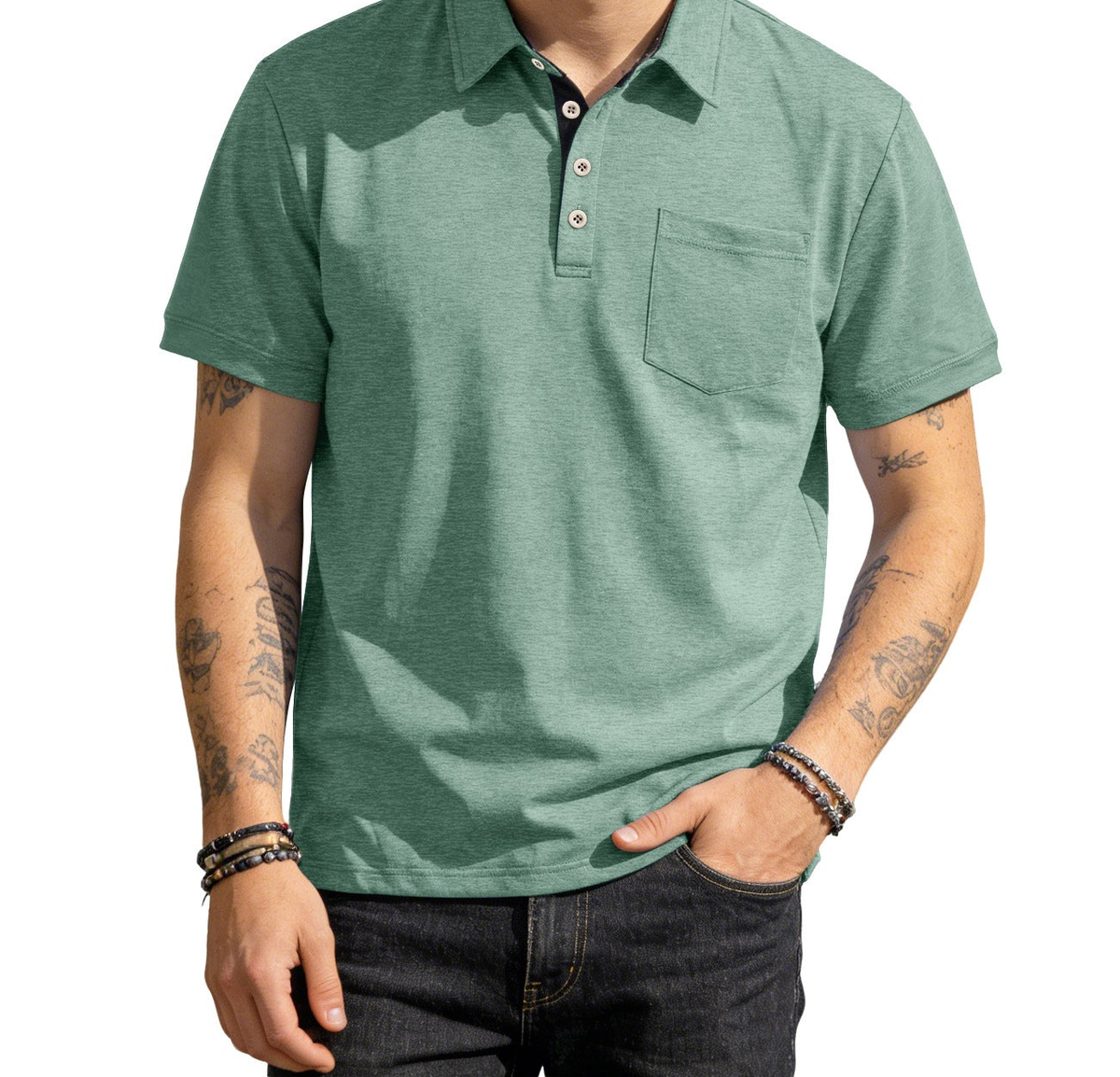 AZUKI Men's Short-Sleeve Cotton-Blend Pocket Polo